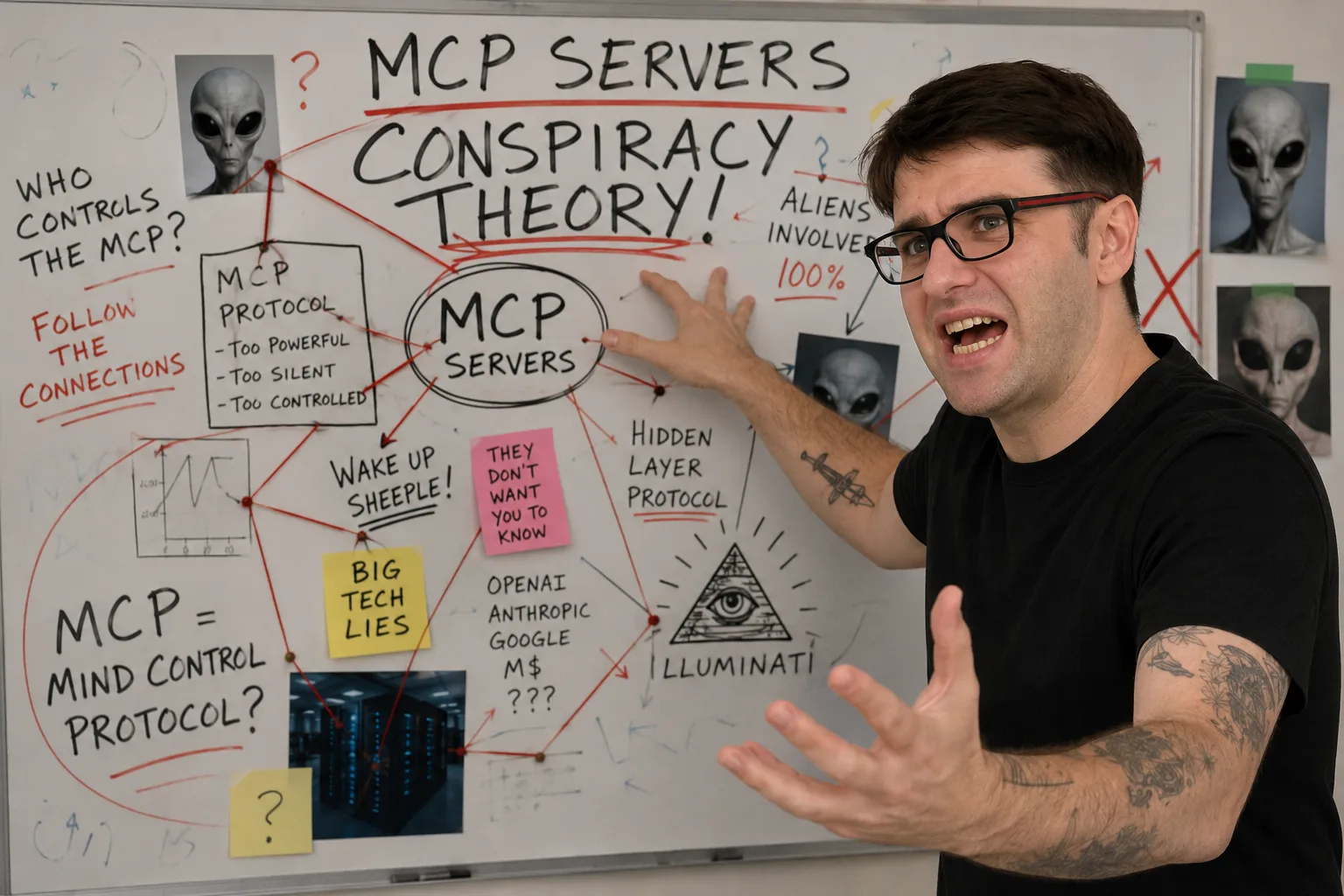 Obviously AI generated image of James infront of a whiteboard screaming about aliens