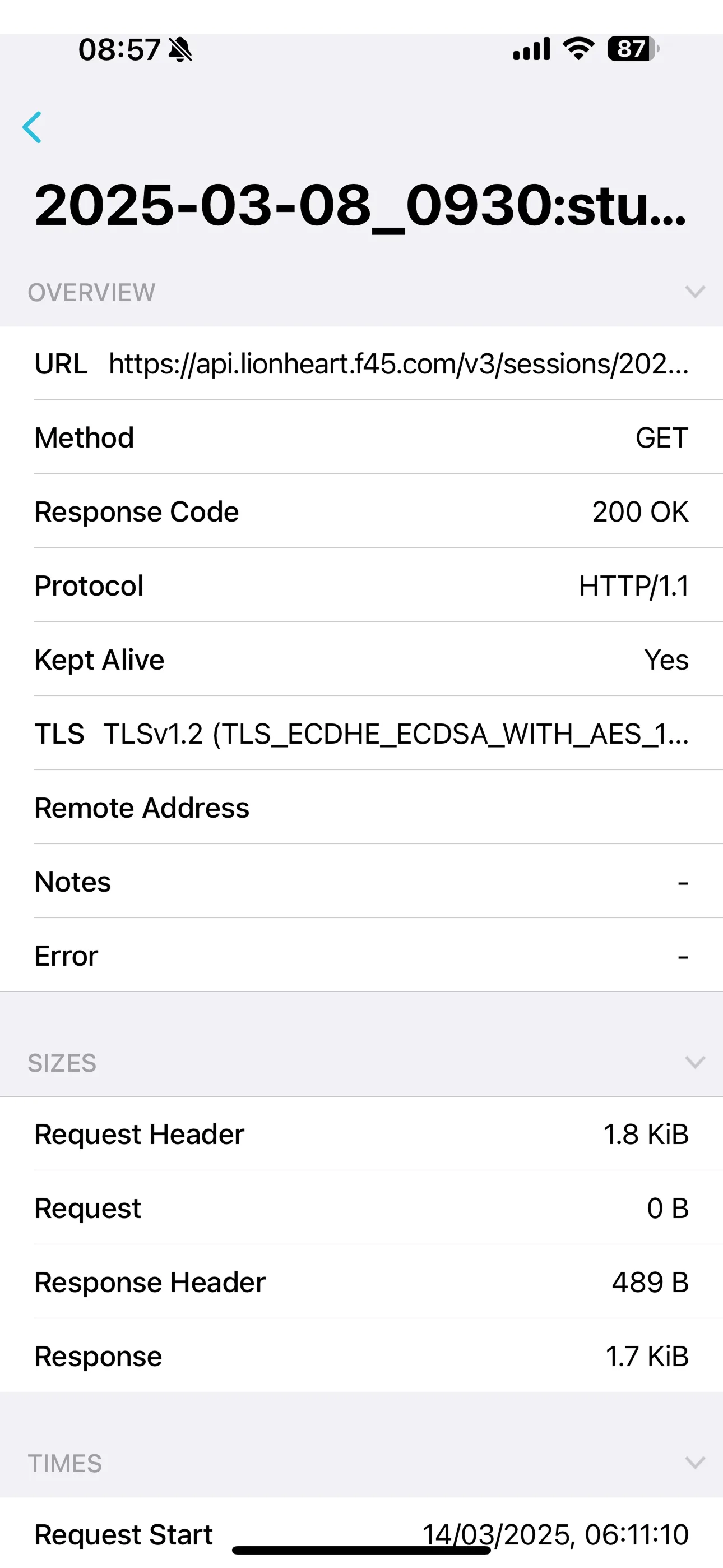 Charles Proxy showing the Lionheart API request