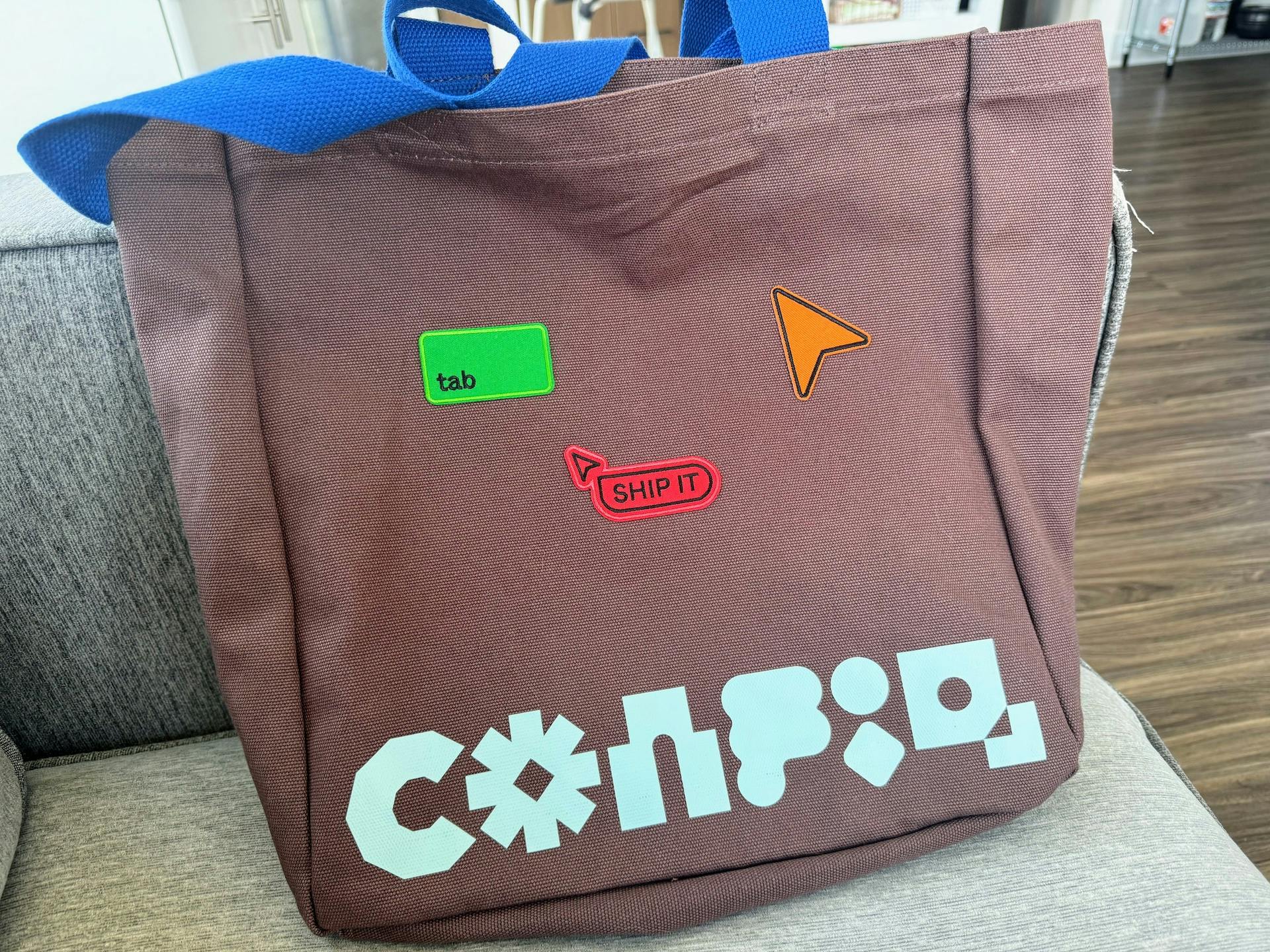 Figma tote bag with patches on it