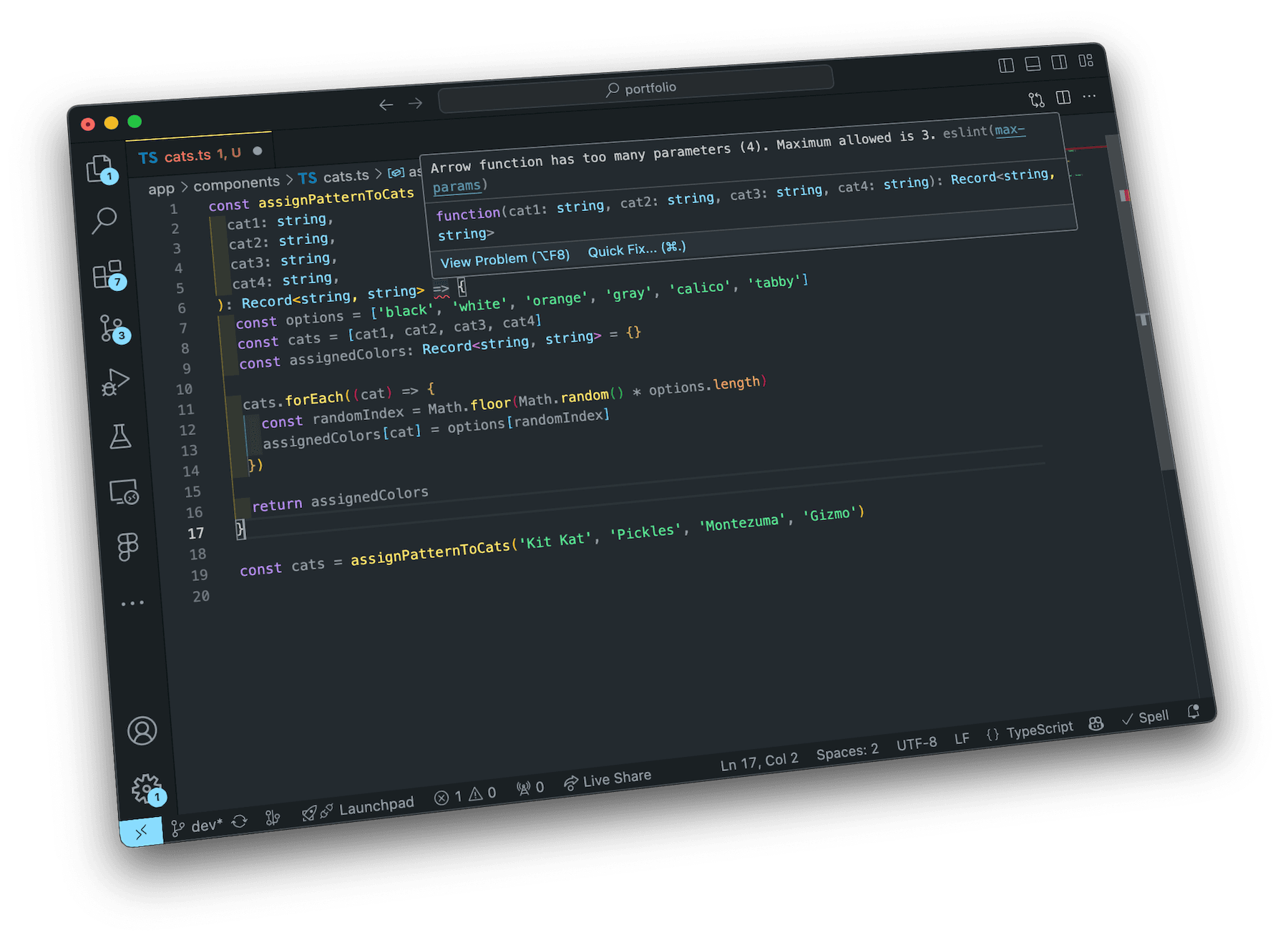 IDE showing a linting error