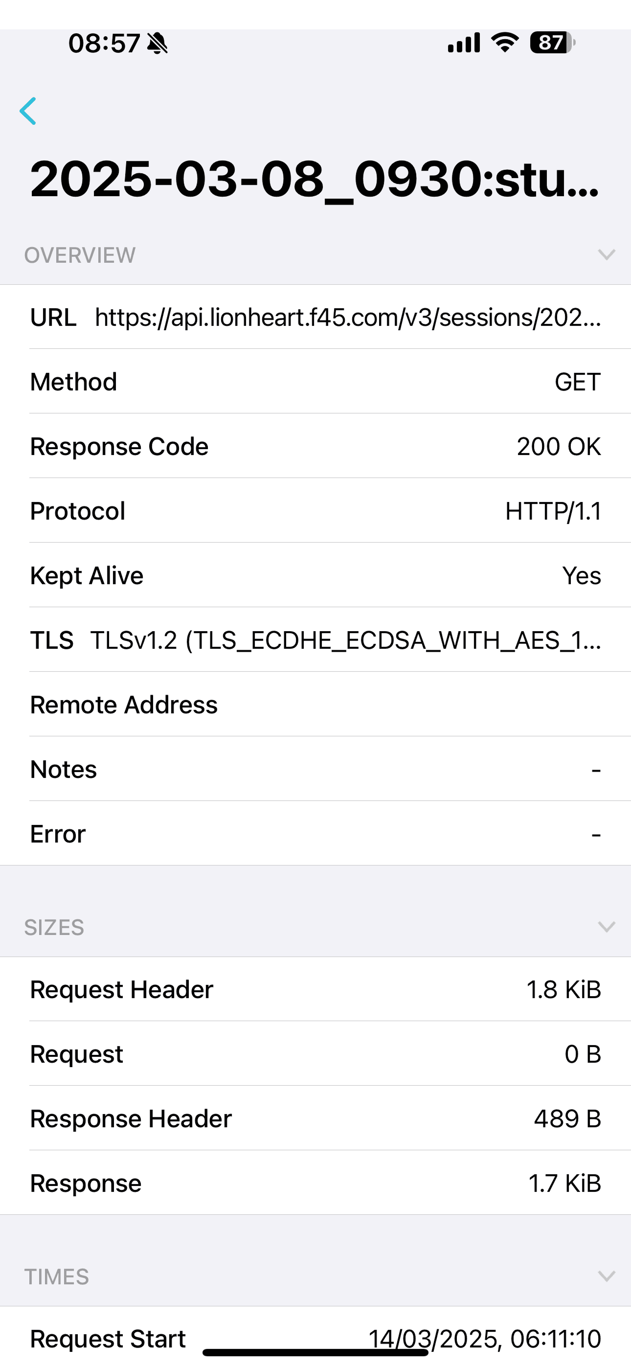 Charles Proxy showing the Lionheart API request