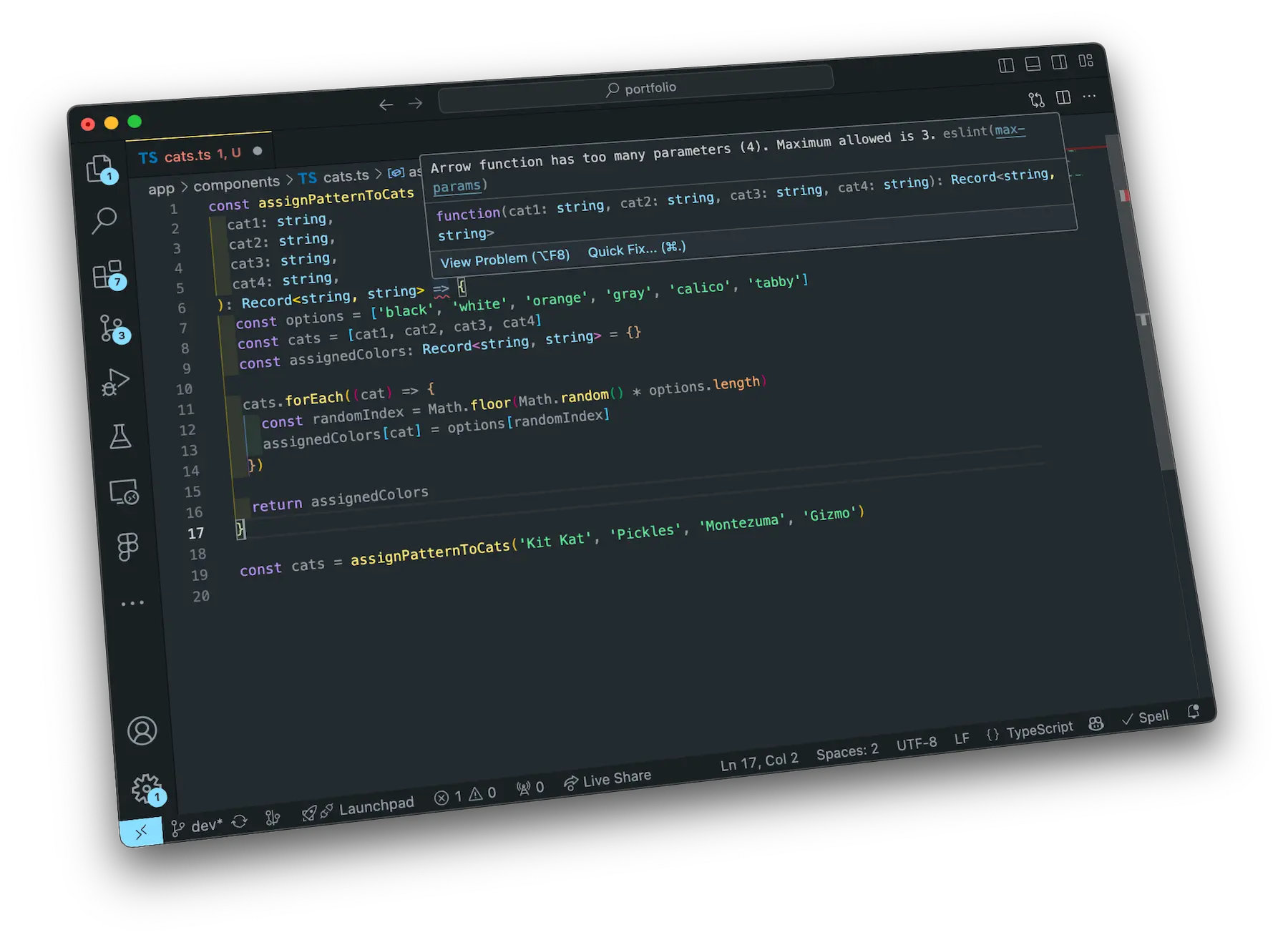 IDE showing a linting error