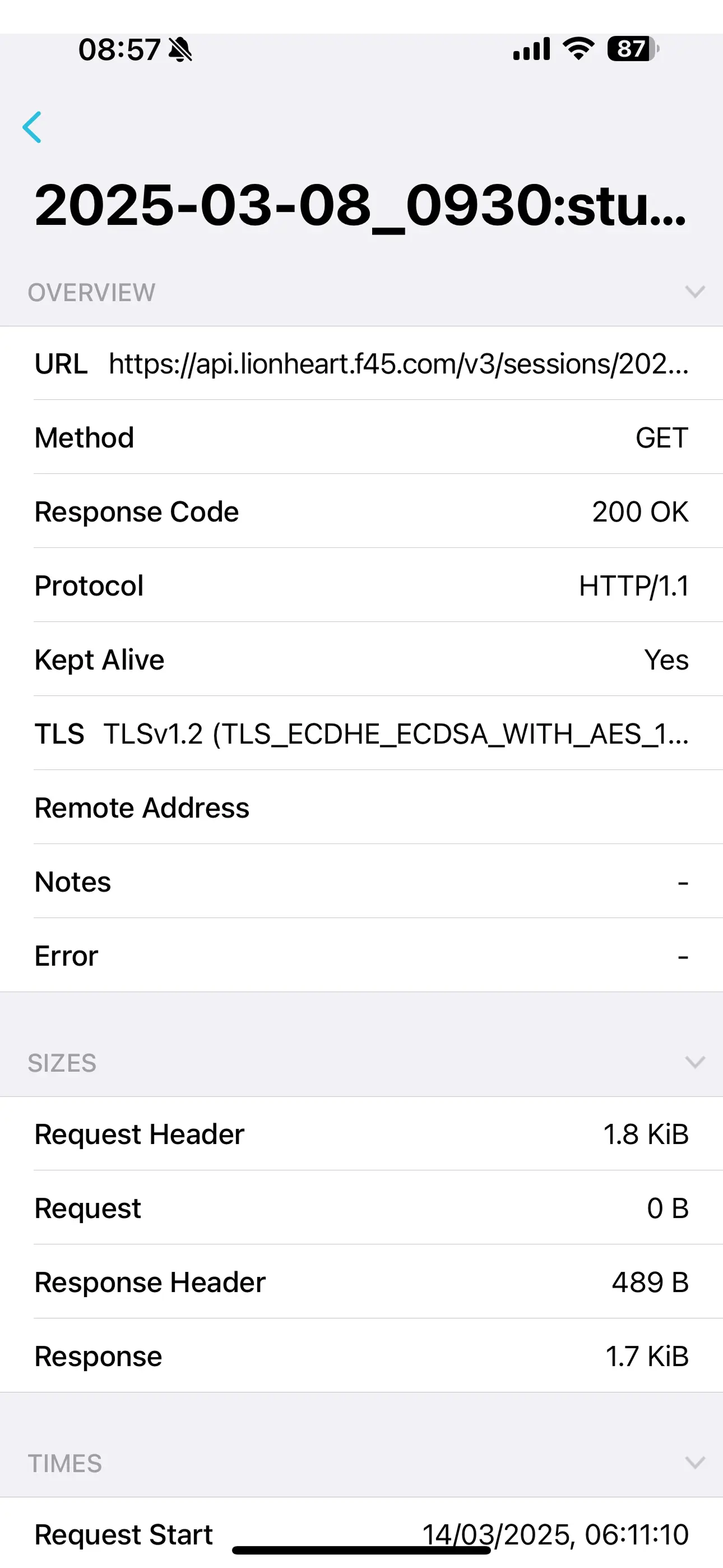 Charles Proxy showing the Lionheart API request